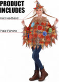 2 PCS Womens Fall Plaid Scarecrow Poncho Costume Headband Set