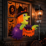 4FT Halloween Inflatable Outdoor Decorations, Blow Up Window Witch with Built-in Bright LEDs, Yard Lawn Garden Party Decor