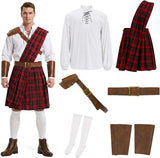 Men’s Scottish Warrior Costume, Medieval Tartan Kilt Outfit with Belt and Arm Guards for Halloween Cosplay