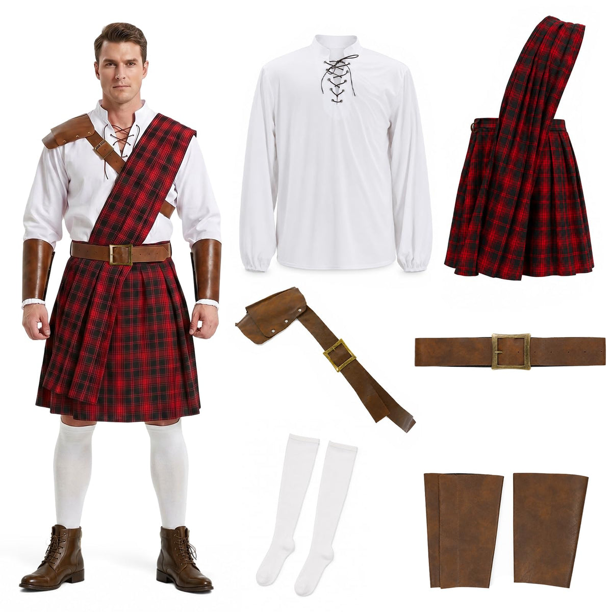Men’s Scottish Warrior Costume, Medieval Tartan Kilt Outfit with Belt and Arm Guards for Halloween Cosplay