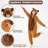 Adult Capybara Onesie Costume - 3D Hooded Animal One-Piece Pajama for Halloween Men Women