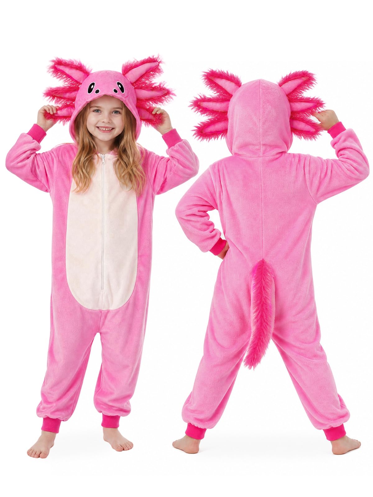 Kids Axolotl Costume for Girls & Boys - 3D Hooded Salamander Jumpsuit Costume for Halloween Party
