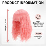 Short Pink Bob Wavy Wig with Bangs for Women