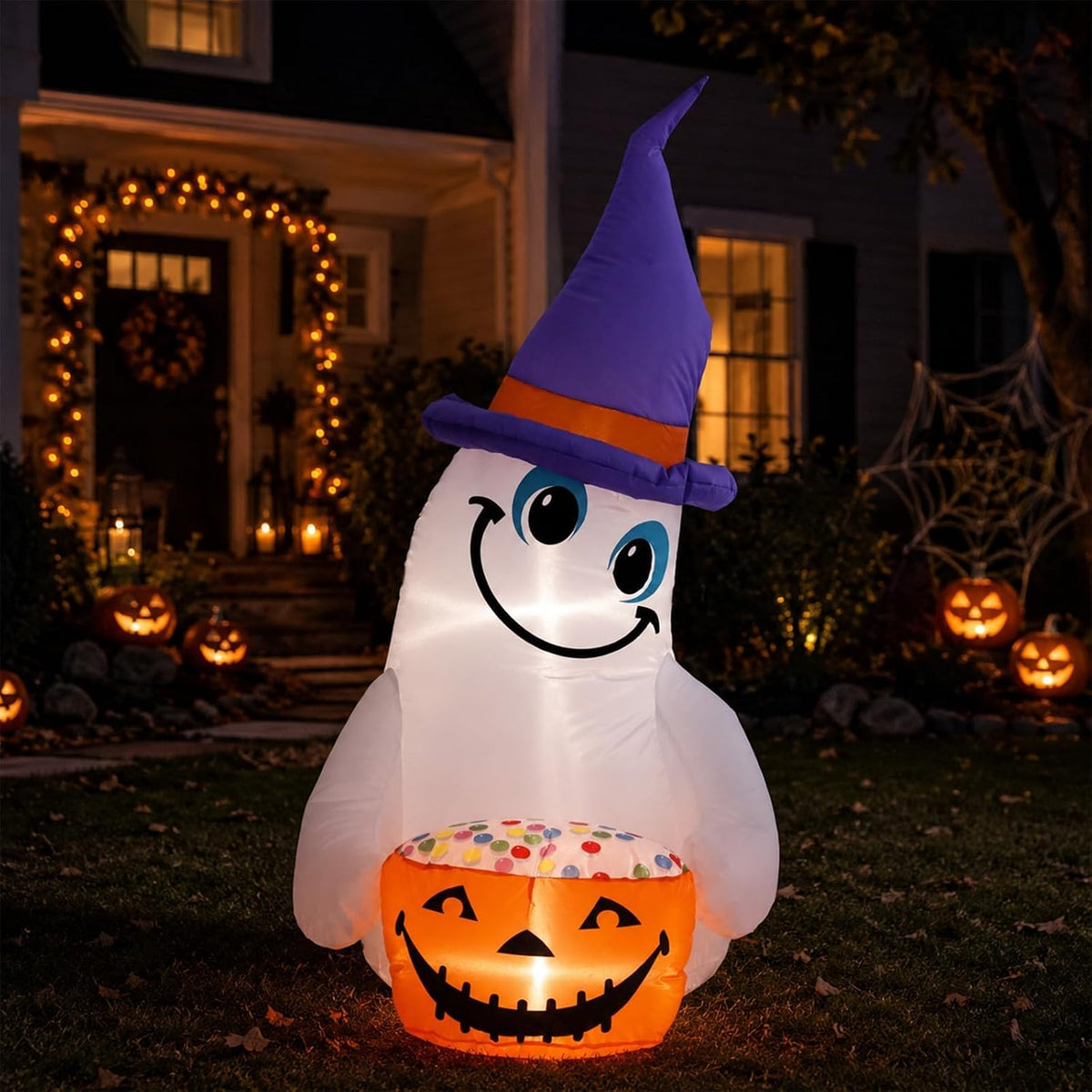 4FT Halloween Inflatable Outdoor Decorations, Blow Up Cute Ghost with Witch Hat and Pumpkin Bowl with Built-in Bright LEDs, Yard Lawn Garden Party Decor