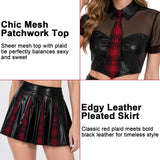 2 PCS Women's Schoolgirl Costume, PU Leather Crop Top with Faux Tie and Red Plaid Spliced Mini Skirt