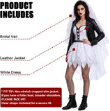 Gothic Bride Costume Women, 3PCS Dark Wedding Halloween Costumes with Studded Faux Leather Biker Jacket