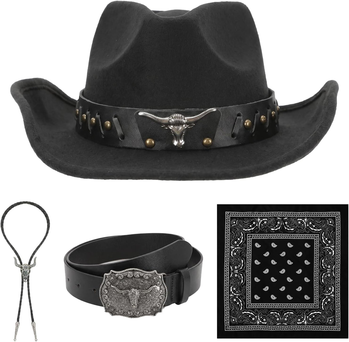 Cowboy Accessories for Men, Black Hat, Belt And Bandana