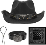 Cowboy Accessories for Men, Black Hat, Belt And Bandana