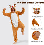 Adult Reindeer Onesie Costume - 3D Hooded Animal One-Piece Pajama for Halloween Men Women