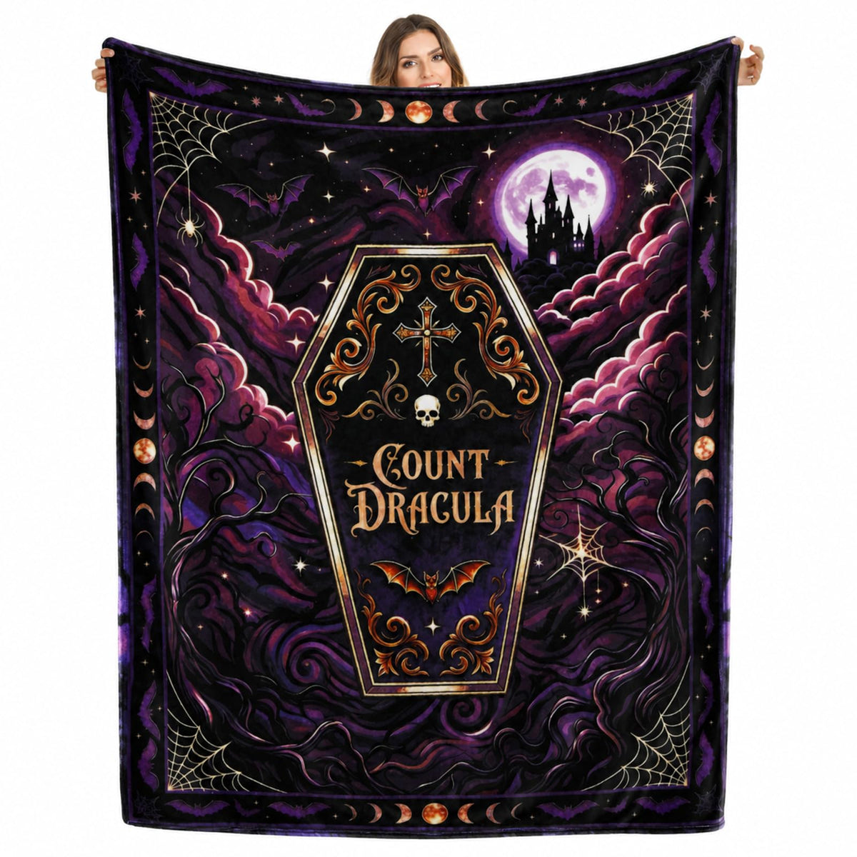 Gothic Vampire Coffin Blanket Purple Halloween Fleece Throw
