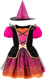 2PCS Witch Costume for Girls, Toddler Halloween Costumes | Girls flame orange purple dress up set with classic witch hat for kids toddlers party outfits