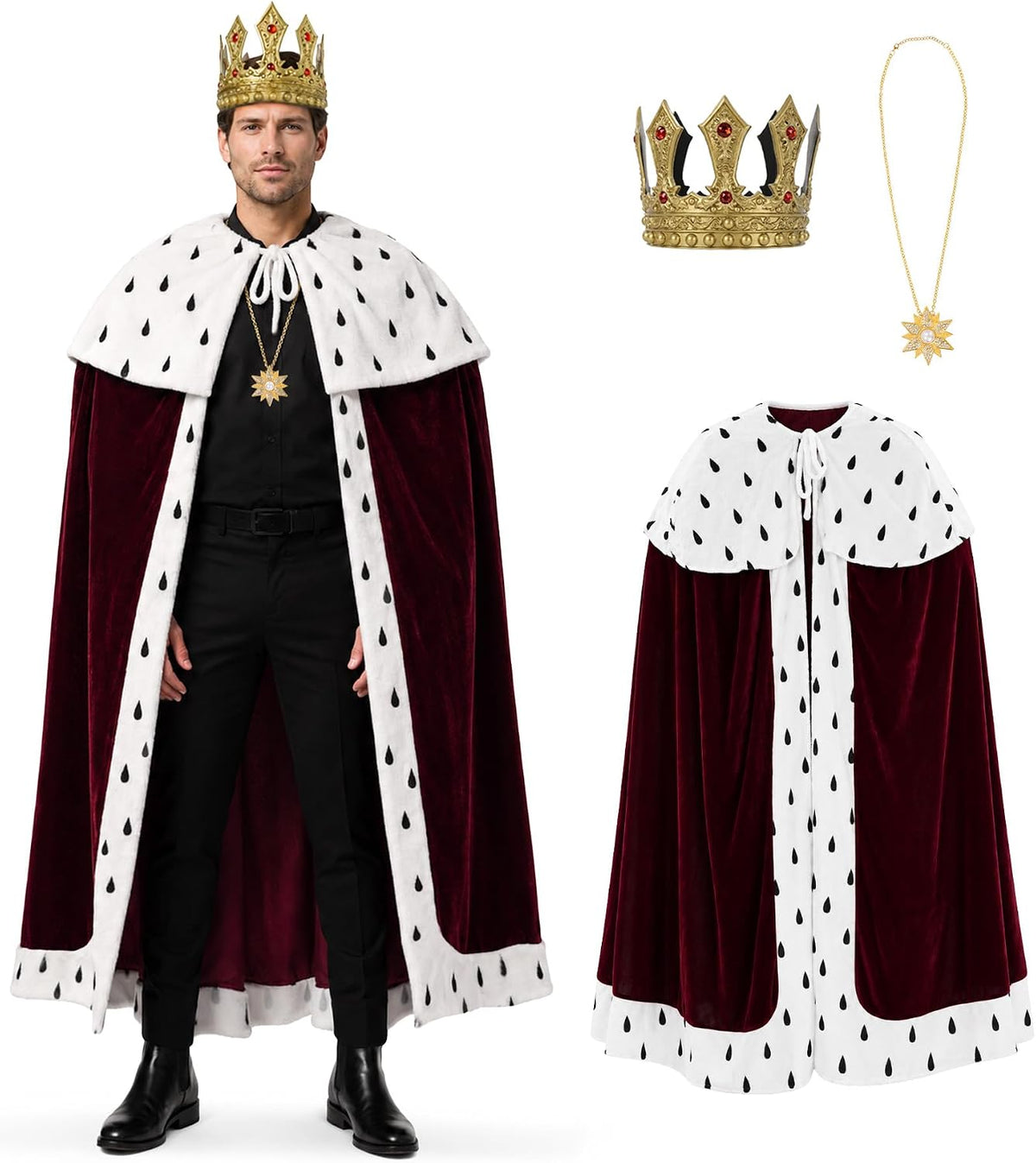 Men's King Costume Adult Royal Cape Costumes with Crown & Accessory for Halloween Medieval Cosplay Party