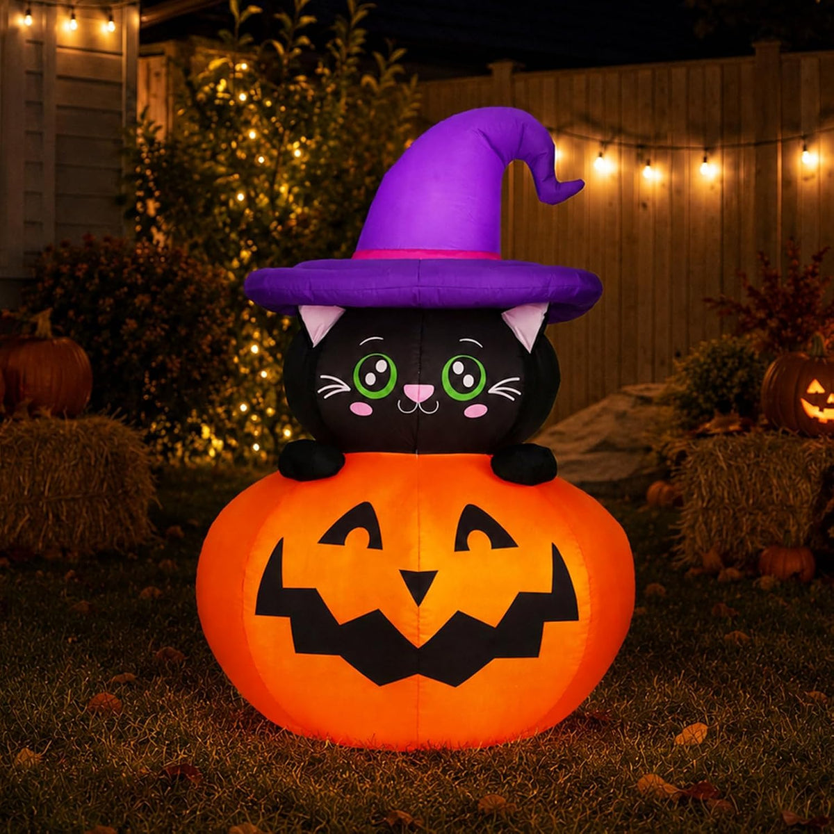 5FT Halloween Inflatable Pumpkin Outdoor Decorations, Blow Up Pumpkins Black Cat with Built-in Bright LEDs, Yard Lawn Garden Party Decor