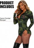 Military Costumes for Women, Long Sleeve Camo Romper, Camouflage Jumpsuit Bodysuit for Halloween Cosplay Outfit