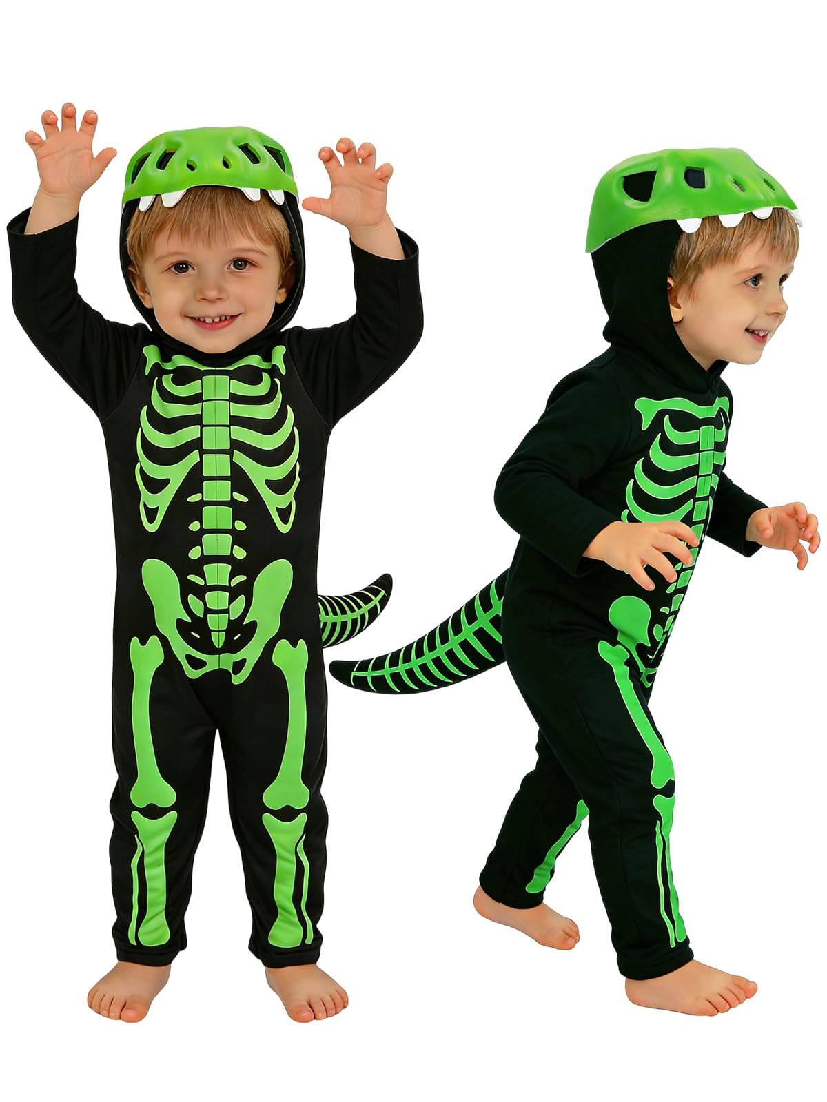 Dinosaur Skeleton Costume for Toddler Boys, Halloween Jumpsuit with Hood and Tail - Dino Hood with Teeth Design
