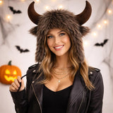 Brown Viking Horned Buffalo Hat, Halloween Costume Trooper Cap