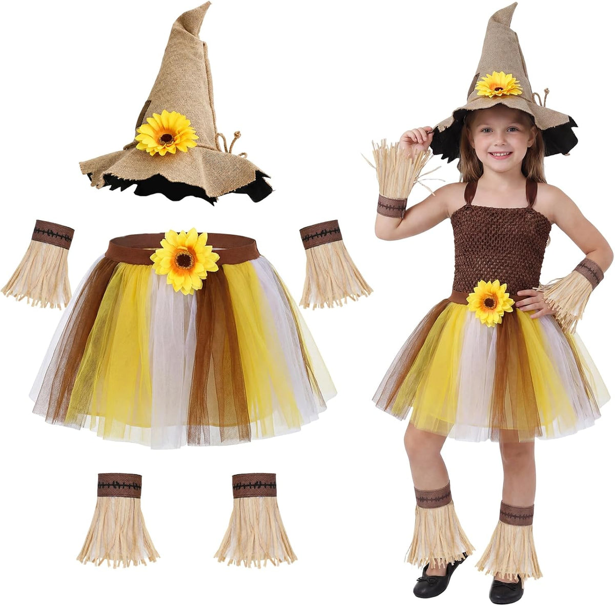 6Pcs Kids Scarecrow Costume Kit Hat Straw Skirt Cuffs
