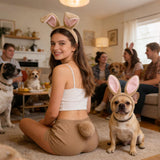 White/Brown/Black Bunny Ears Headband & Tail Costume Set