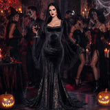 Vampire Costume Women, Gothic Black Long Dress, Mermaid Fishtail Gown, Witch Cosplay Maxi Dress