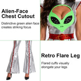 Alien Costume Women, Metallic Silver Space Alien Jumpsuit, Halloween Costumes with Antenna Headband