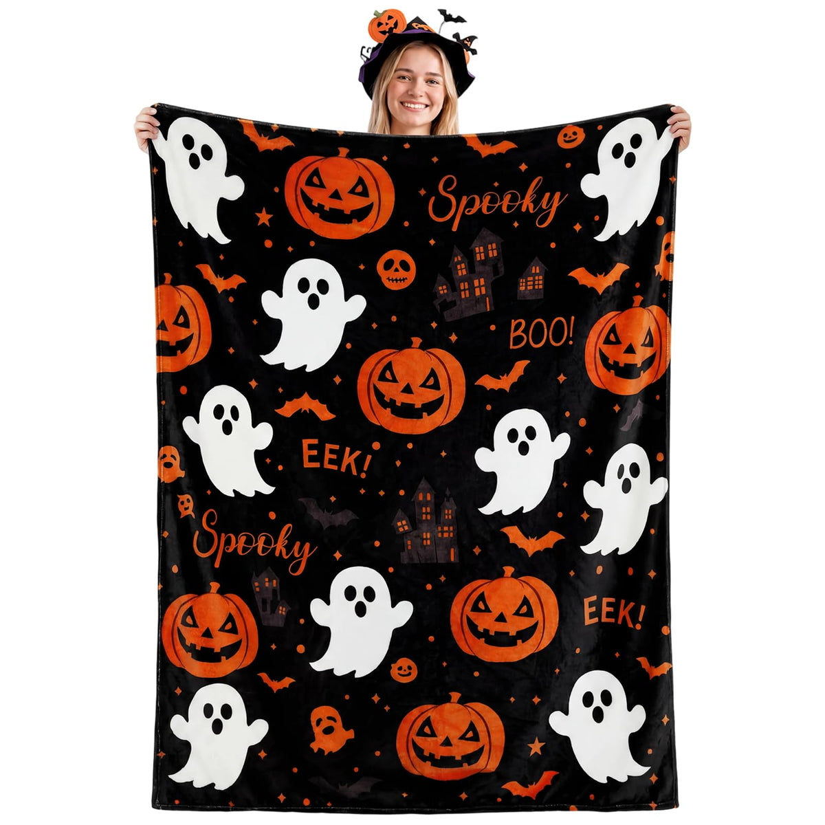 Ghost Blanket, Black Halloween Pumpkin Blankets and Throws