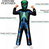 Kids Game Over Skeleton Halloween Costume, Boys Skeleton Hooded Jumpsuit Outfit with Mask