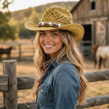 Straw Cowgirl Sun Hat with Bands for Women and Men