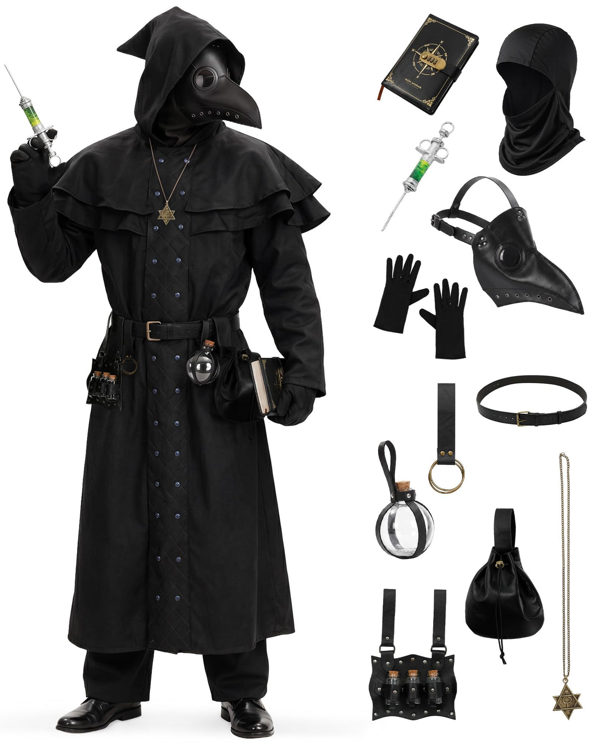 Adult Plague Doctor Costume Set for Men Renaissance Medieval Costumes with Accessories for Halloween Cosplay