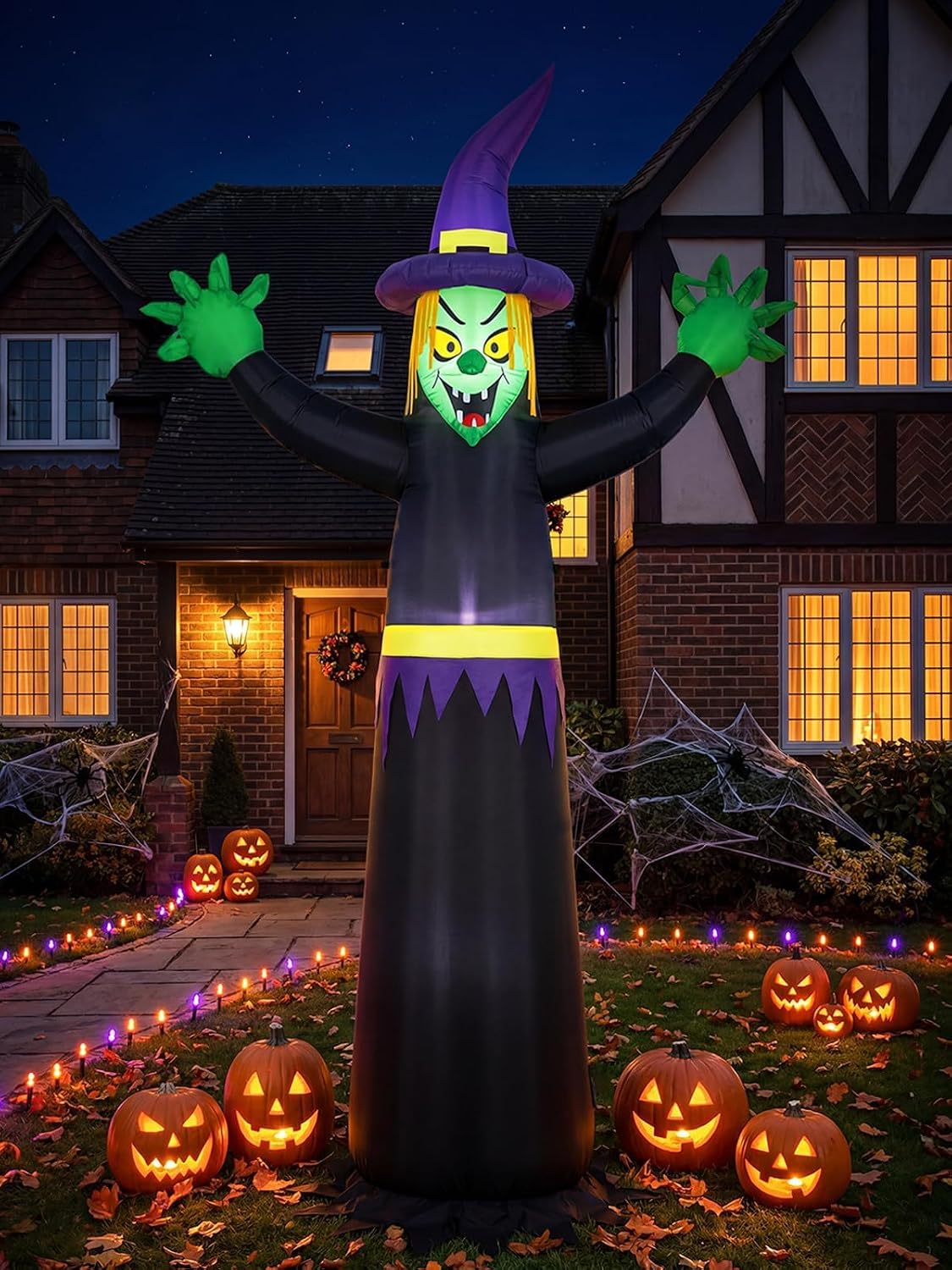 8FT Halloween Inflatable Outdoor Decorations, Blow Up Double-Sided Witch and Ghost with Built-in Bright LEDs, Yard Lawn Garden Party Decor