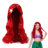 Mermaid Wavy Red Wig with Starfish Hair Clip for Women