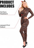 2 PCS Long Sleeve Leopard Costume for Women, Sexy Animal Print Backless Catsuit Bodysuit, Halloween Cosplay Party Outfits