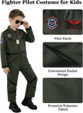 Kids Pilot Costume for Boys, Green Aviator Flight Suit Jumpsuit Halloween Costume with Sunglasses and Dog Tag