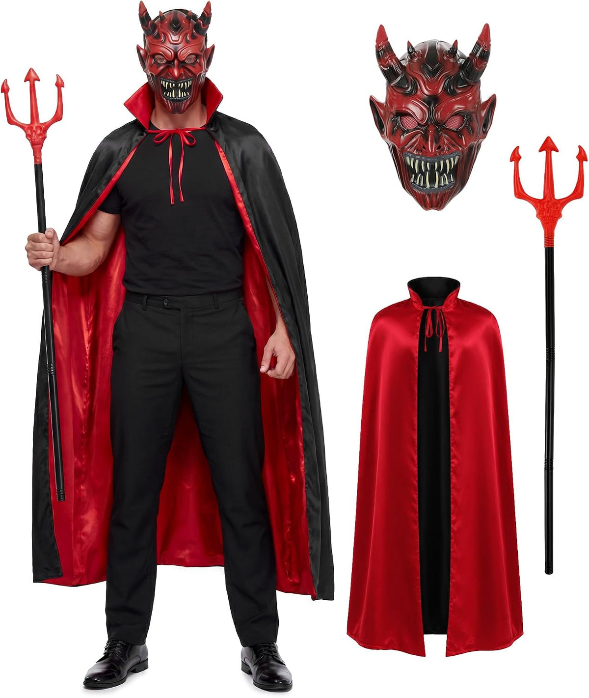 Men's Red Devil Cape Costume Set Adult Reversible Cloak with Accessories Halloween Cosplay Costume