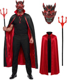 Men's Red Devil Cape Costume Set Adult Reversible Cloak with Accessories Halloween Cosplay Costume