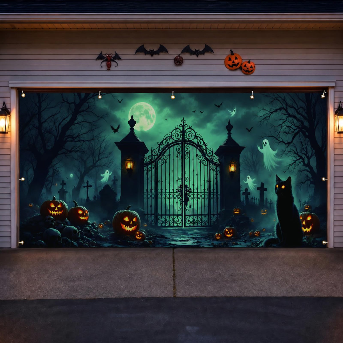 Halloween Garage Door Cover, Graveyard Gate Banner, 7 x 16 Ft