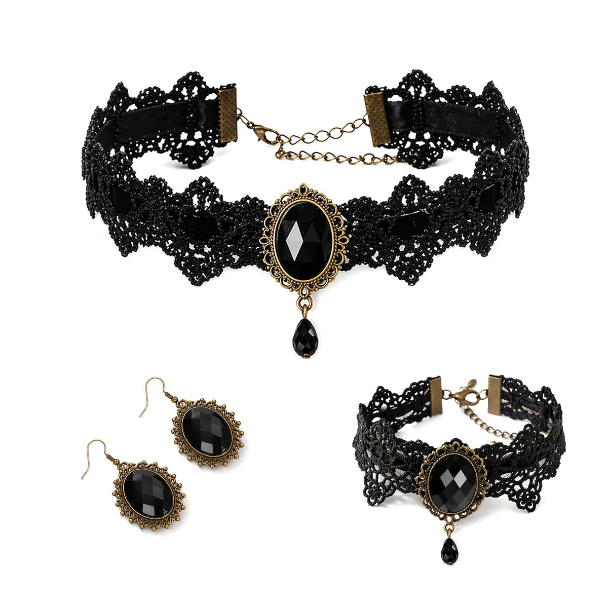 Halloween Costume Accessories Set Gothic Victorian Choker Necklace Bracelet Earrings Set for Women, Black Lace Vampire