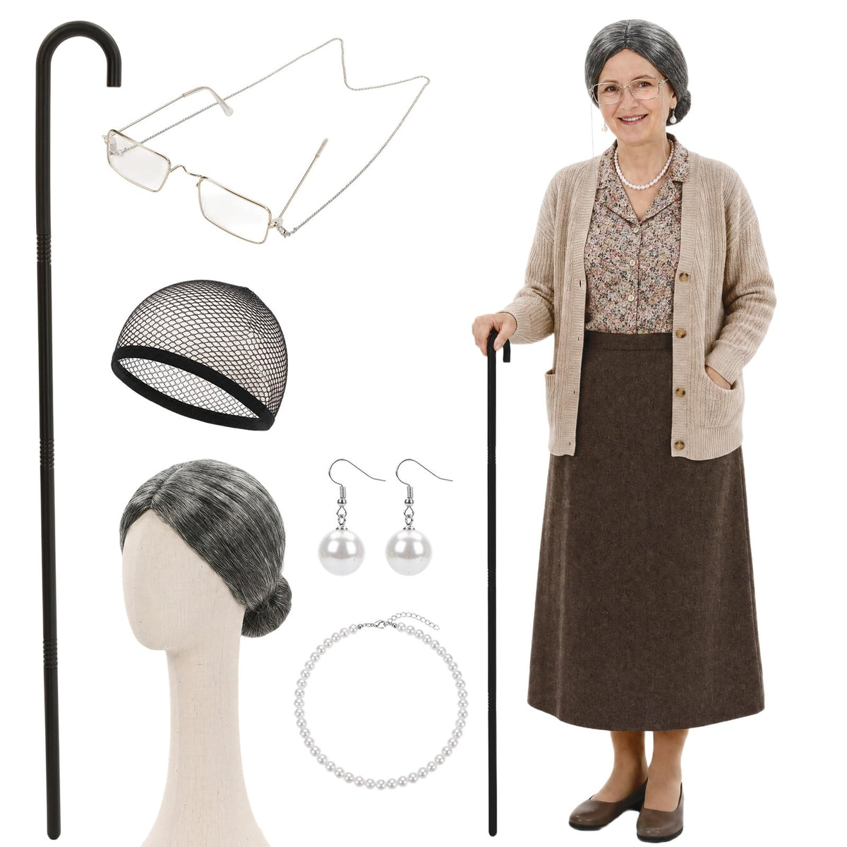 Halloween Gray Old Lady Costume Wig Set for Women