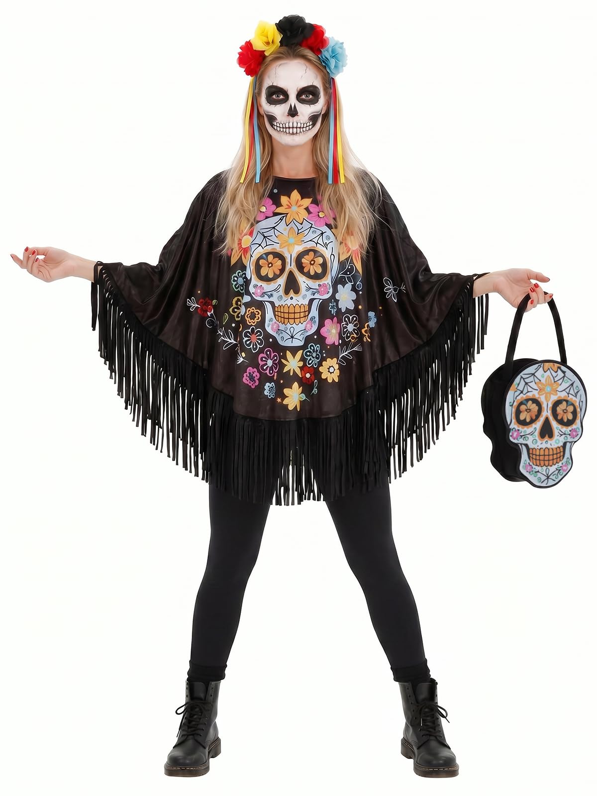 Women's Skeleton Costume, Halloween Poncho Cape
