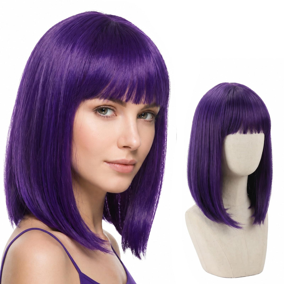 Short Purple Bob Wig with Bangs for Women