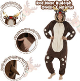Adult Reindeer Onesie Costume - 3D Hooded Animal One-Piece Pajama for Halloween Men Women
