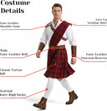 Men’s Scottish Warrior Costume, Medieval Tartan Kilt Outfit with Belt and Arm Guards for Halloween Cosplay