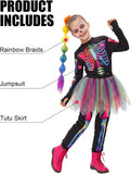 3PCS Kids Skeleton Costume, Halloween Costumes for Girls | Skeleton jumpsuit with rainbow braids and tutu skirts girls day of the dead role play outfits