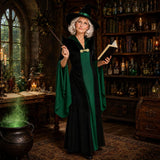 Witches Costumes for Women, 3PCS Gothic Witch Dress | Women witches costumes with pointed hat and glasses, classic black & green wizard professor cosplay gown