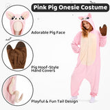 Adult Pink Pig Onesie Costume - 3D Hooded Animal One-Piece Pajama for Halloween Men Women
