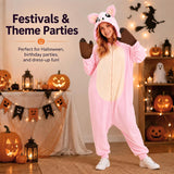 Adult Pink Pig Onesie Costume - 3D Hooded Animal One-Piece Pajama for Halloween Men Women
