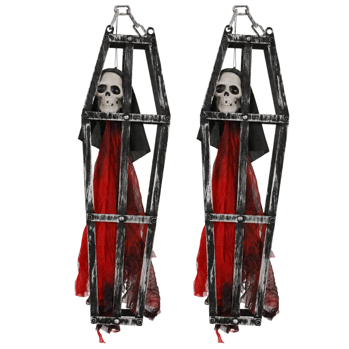 2-Piece Halloween Coffin Cage Skeleton Hanging Decor, Red