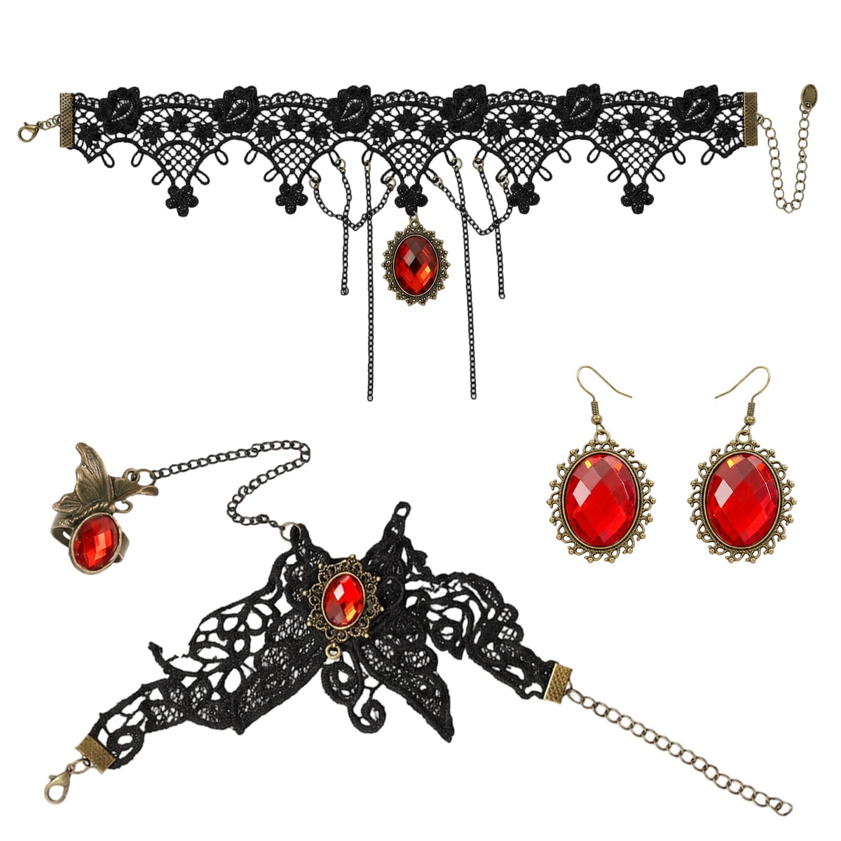 Halloween Costume Accessories Set Gothic Victorian Choker Necklace Bracelet Earrings Set for Women, Black Lace Vampire