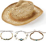 Straw Cowgirl Sun Hat with Bands for Women and Men