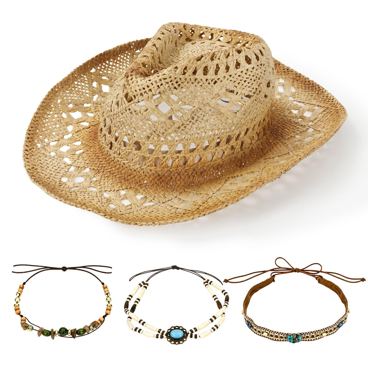 Straw Cowgirl Sun Hat with Bands for Women and Men