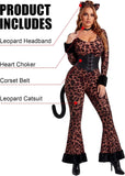 Leopard Costume for Women, 4PCS Animal Print Jumpsuit
